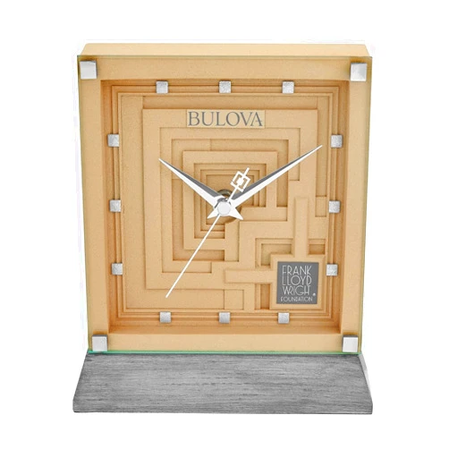 Bulova Ennis Table Clock B7755 | 7″ Frank Lloyd Wright Mayan Revival Resin Case with Washed Ash Base | Silent Sweep Quartz Movement | Battery Operated | Architectural Accent Piece
