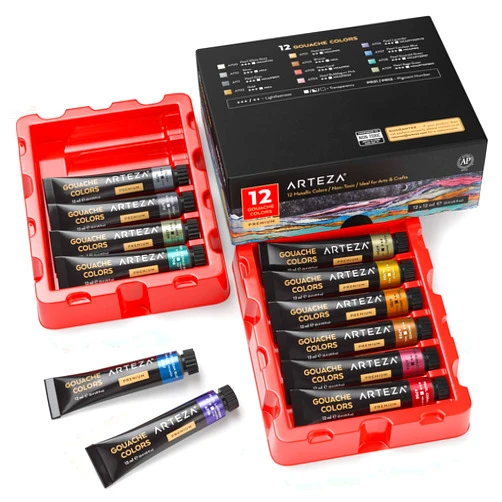ARTEZA Metallic Gouache Paint, Set of 12, 12ml/0.4 US fl oz Gouache Paint Tubes, Glitter Paint for Canvas and Paper