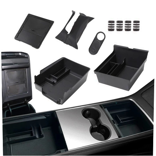 Dozod 9PCS Center Console Organizer Tray Compatible for 2023-2021 Tesla Model 3 Model Y, Armrest Storage Box Tissue Holder Tire Valve Caps Webcam Cover Interior Accessories