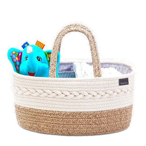 YeaYee Baby Diaper Caddy Organizer, Portable Nursery Storage Basket with Changeable Compartments, 100% Cotton Woven Rope Baskets, Car & Changing Table Tote, Newborn Gift