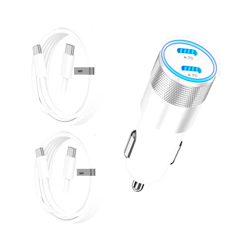 MITSUGAWA [Apple MFi Certified] iPhone 15 USB-C Fast Car Charger, 72W PD (36W+36W) Dual Port Fast Charging Metal Rapid Car Charger with 2Pack Type-C to Type-C Cable iPhone 15 Plus/15 Pro/15 Pro Max/iPad Aipods