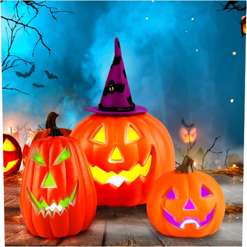 BRIGHTDECK Halloween LED Pumpkin Lights with Purple Bat Hat, Color-Changing Jack-O-Lantern Light Pumpkin Decor, Set of 3 Battery Operated Halloween Pumpkin Table Ornaments for Home Party Decor