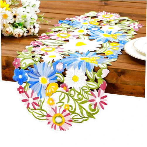 Mindsoft 2 Pcs Spring Flower Table Runner Embroidered Flowery Cutwork Table Linen Butterfly Applique Daisy Dresser Scarf 13