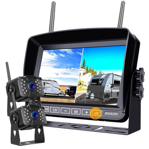 DOUXURY FHD 1080P 2 Digital RV Wireless Backup Camera System for RV Trailer Truck Bus Motorhomes 5th Wheels 4CH 7'' Monitor Highway Monitoring System IP69K Waterproof Super Night Vision Strong Signal