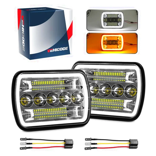 VEHICODE 7x6 5x7 H6054 LED Headlights Conversion Kit with DRL Turn Signal Light H4 Sealed Beam Pair Compatible with Jeep Cherokee XJ Wrangler YJ Chevy GMC Ford Van Dodge Truck (2 Pack)