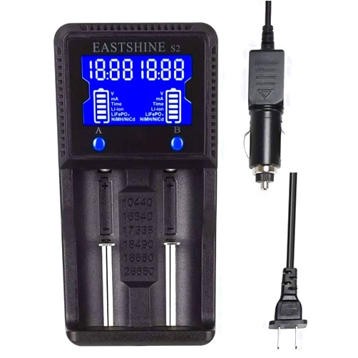 Rvntop Universal Battery Charger EASTSHINE S2 LCD Display Speedy Smart Charger for Rechargeable Batteries Ni-MH Ni-Cd AA AAA Li-ion LiFePO4 IMR 10440 14500 16340 18650 RCR123 26650 18500 17670 & Car Adapter