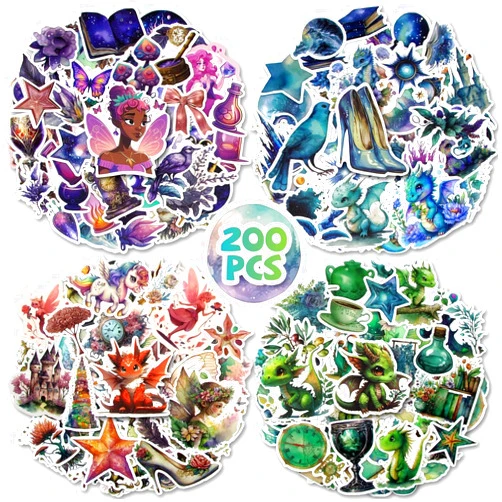 Refustar 320PCS Magic Stickers Pack - 200PCS Water Bottle Stickers with 4 Unique Styles (Fairy, Dragon, Butterfly, Magic Moon) for Kids, Girls & Teens; Plus 120PCS Magic Themed Waterproof Vinyl Stickers for La