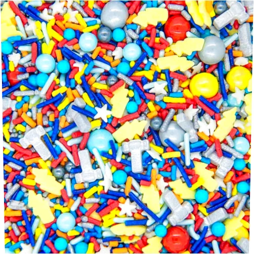 Sweets & Treats Boutique God of Thunder Superhero Sprinkles, Edible Confetti Cake Sprinkles Superhero Sprinkles for Cupcake Decorating Thunder Lightning Hammer Pearls Quin - Super Hero Sprinkles for Cake Decorating Decoration