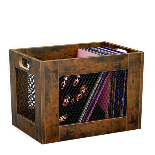 TEMI Vinyl Record Storage Crate – Large Wooden Record Holder for 70+ Albums – Industrial-Style Record Organizer and Durable Record Storage Solution for Home or Studio, Easy to Assemble