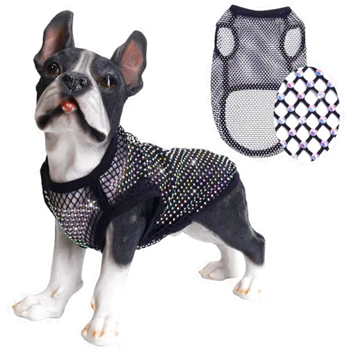 WOOFUU Dog Shirts Clothes,Pet Mesh Body Chains Diamond Short Sleeve Fishnet Crop,Tops Rhinestone See Through Cover up T Shirt Apparel for Large Dogs - XL