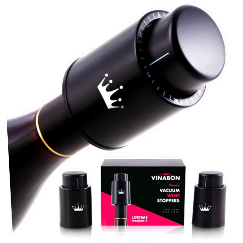 VINABON Vacuum Wine Stopper Set of 2 - Preserves Freshness and Flavor for 15 Days. Improved Pump Design, Easy One Button Operation, 100% Leak Proof Seal in Any Position. Includes WineGuide eBook