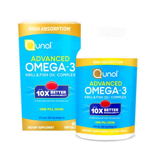 Qunol Advanced Omega 3 Krill and Fish Oil Complex, 10x Better Bioavailability, One Pill Dose, 250mg EPA & DHA, Supports Brain, Eye, Heart and Joint Health, 60 Count