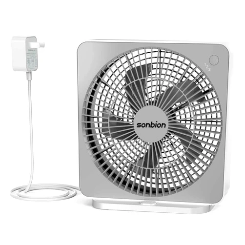 SONBION Small Window Fan, 10 Inch Box Fan, Quiet Electric Fan with Three Speeds, Square Desk Fan for Home Office Room Apartment, 1.7 LB Lightweight, AC Adapter Plug Powered, One Button Control Fan