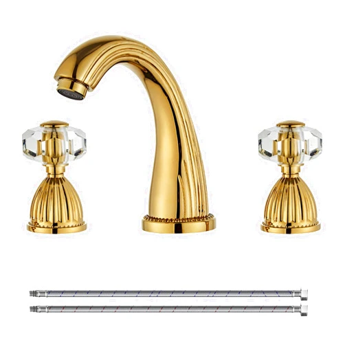 Yannlii Shiny Polished Gold Widespread Bathroom Sink Faucet,Two Crystal Handle Three Hole Brass Lavatory Vanity Faucet,8-16 Inch Basin Mixer Tap Without Drain