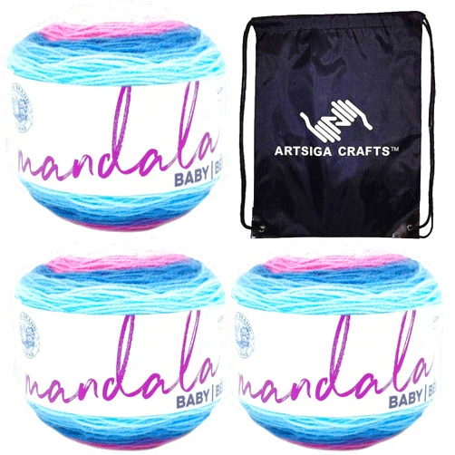 Lion Brand Yarn Lion Brand Knitting Yarn Mandala Baby Yarn Arendelle 526-224 (3-Skeins) Same Dye Lot DK Light Worsted #3 Soft 100% Acrylic Bundle with 1 Artsiga Craft Bag 526-224-Arendelle