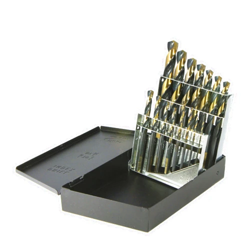 Drillco 350N Series Nitro 15 Piece High-Speed Steel Mechanics Length Drill Bit Set Black and Gold Oxide Finish Round with Flats Shank Spiral Flute 135 Degrees Split Point 1/16 - 1/2 in 1/32 increments