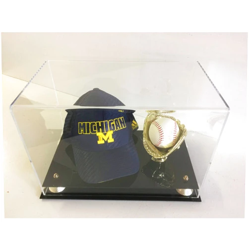 Plastics Unlimited Golden Baseball Glove Holder and Ball Cap Display Case with Gold Riser Base