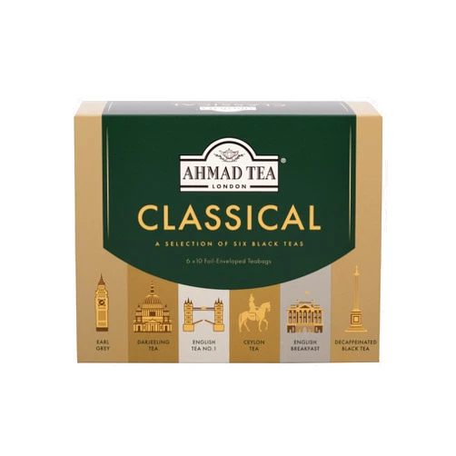 Ahmad Tea Black Tea, Classic Selection Pack Teabags, 60 Foil Teabags - Caffeinated, Decaffeinated, & Sugar-Free
