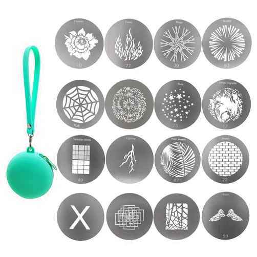 ZALUNERO 16Pcs Round Gobos Kit for Optical Snoot,66mm/2.6in Metal Plate Patterns for Spotlight Attachment Compatible with Godox BFP/OT1/OT1 Pro/II/Westcott Optical Spot,for Portraits/Product/Food/YouTube