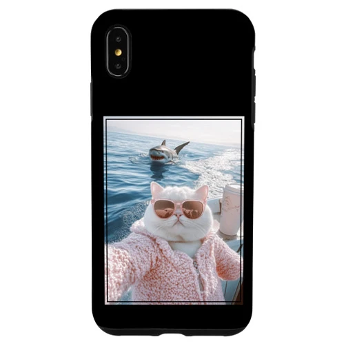 Relaxed Chill Cats Surreal Retro Kitten Aesthetic Cool Fat Cat Selfie on Yacht Boat with Shark Funny Cat Meme Case for iPhone XS Max