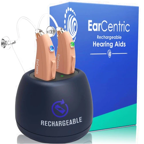 Ear Centric EarCentric EasyCharge Rechargeable Hearing Aids (Pair) for Seniors, Behind-The-Ear BTE Ear Aid PSAP digital Personal sound amplification products devices with Noise Cancellation (Beige)
