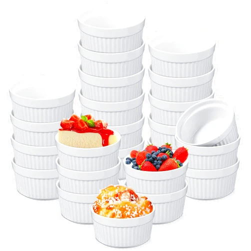 Xinnun 24 Pcs Ramekins Creme Brulee Dishes Oven Safe Classic Porcelain Ramekins Set for Baking, Creme Brulee, Souffle, Appetizer, Custard, Pudding, Dipping Bowl, White (4 Oz)