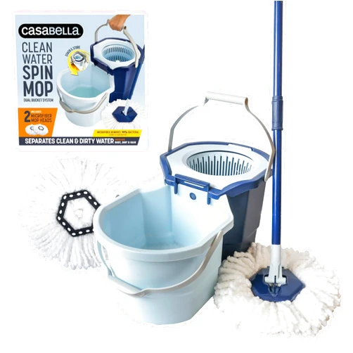 Casabella Clean Water Spin Mop System with Extra Mop Head Refill - Two-Bucket Design Mop System, Splash Guard, Built-in Measuring Cup, and Scraper Tool, Easy Wring Pedal Spinner