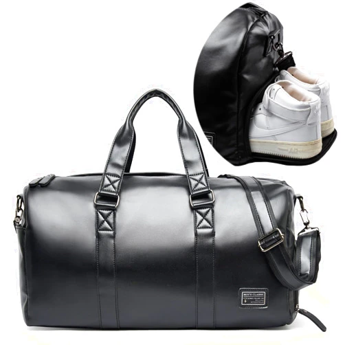 MATE ELAN Leather Gym Fitness Bag for Men Women with Shoe Compartment 25L PU Leather Weekender Travel Duffel Bag Waterproof Overnight Bag Gym Sports Carry-On Bag Black