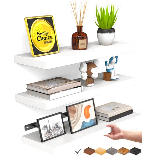 BAYKA White Floating Shelves for Wall – Rustic Wood Wall Shelves with Metal Brackets for Bathroom, Bedroom, Kitchen, or Living Room Decor Organization – Set of 3, Sturdy Storage with 22lb Capacity