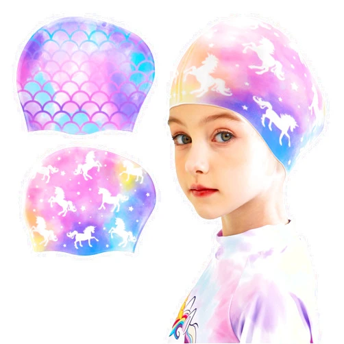 WAWSAM 2 Pack Kids Swim Cap Silicone Waterproof Swim Caps for Boys Girls (3-8 Years) Unicorn Mermaid Design Swimming Cap for Kids 3-8 Long and Short Hair