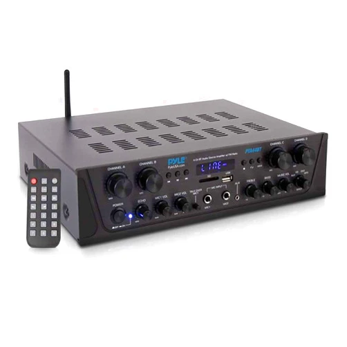 Pyle 500W Karaoke Wireless Bluetooth Amplifier - 4 Channel Stereo Audio Home Theater Speaker Sound Power Receiver with AUX IN, FM, RCA Subwoofer Speakers OUT, USB, Microphone IN with Echo