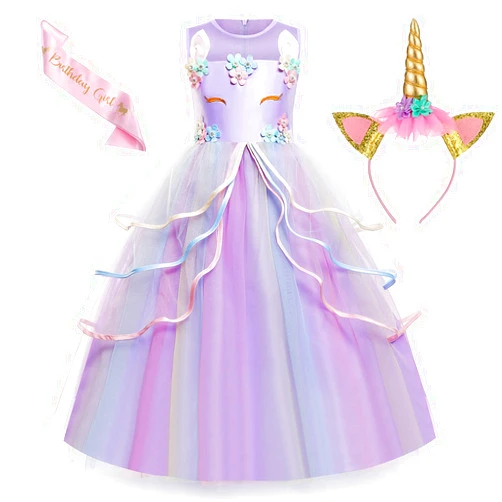 Chektin Unicorn Dress for Girls Unicorn Costume Pageant Princess Party Birthday Long Maxi Gown with Unicorn Headband Satin