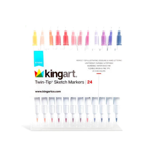 KINGART 415-24 24 pc. Dual Twin-Tip Sketch Markers, Fine Tip & Brush Tip Pens, Water-Based Ink for Coloring, Calligraphy, Journaling, Drawing, Doodling and More, Includes 24 Vivid Colors