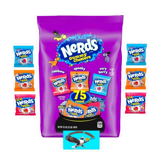 PITCHING PIGEON Nerds Gummy Clusters Candy Rainbow Berry Spooky Flavors 75 Packs - Halloween Party Trick or Treat Candy - Includes PITCHING PIGEON Brand Magnet