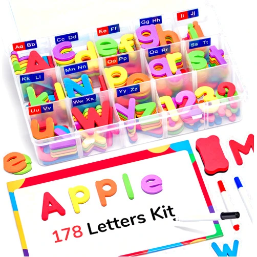 Gamenote Classroom Magnetic Alphabet Letters Kit 178Pcs with Double Side Magnet Board - Foam Alphabet Letters for Preschool Kids Toddler Spelling and Learning Colorful ABC Education Fridge Magnets