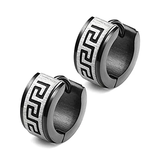 FuZhiBang Stainless Steel Hoop Earrings for Men Women Huggie Earrings Unique Greek Key