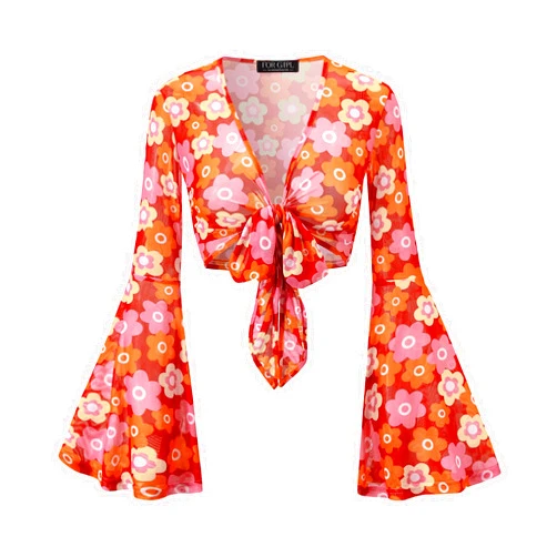 For G and PL Women Tie Front Bell Sleeve Rave Crop Tops Floral Print Hippie Mesh Sheer Shirt