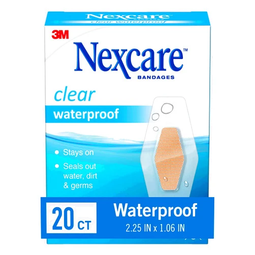 Nexcare Waterproof Bandages, Stays on in the Pool, Holds for 12 Hours, Clear Bandages for Fingers and Elbows - 20 Pack Waterproof Bandages