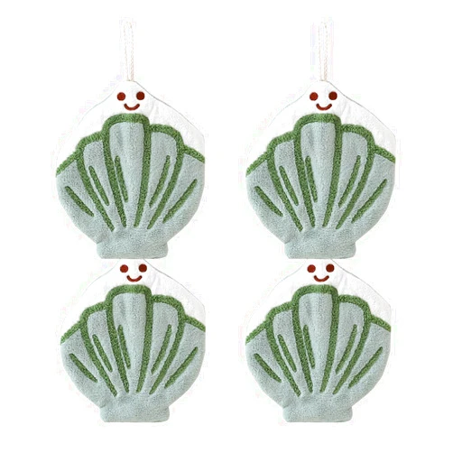 Tinymumu Ocean Themed Shell Hand Towels Set of 4 Soft Absorbent Funny Decorative Microfiber Coral Velvet Hanging Washcloths for Bathroom (Green)