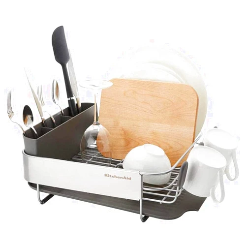 KitchenAid Compact, Space Saving Rust Resistant Dish Rack, with Angled Self Draining Drain Board and Removable Flatware Caddy, 16.06-Inch, Gray