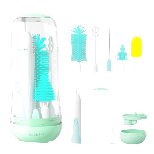 ACCUBIO Electric Bottle Brush Cleaner, Rechargeable Electric Baby Bottle Brush, Automatic Bottle Cleaner Kit, Waterproof Multi-Purpose Cleaning Brush with Free Sponge Replacement Brush, Green