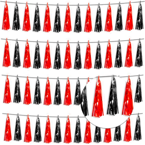 Xuuf 4P Black red Foil Fringe Tassel Banner Garland Metallic Tinsel Streamers Wall Hanging Curtain Backdrop Banner for Parade Floats, 2024 Graduation Decorations, Father's Day Party Decoration