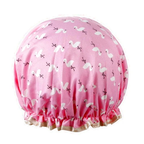 Vtrem Shower Cap Lined Double Layer Waterproof Hair Bath Caps with Lace Elastic Band Lovely Pink Flamingo Pattern Reusable Bathing Hat for Women All Hair Lengths and Thicknesses