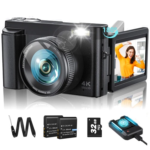 SIXTARY Upgrade 4K Digital Camera for Photography 48MP with 3'' 180° Flip Screen 16X Zoom Autofocus Vlogging Camera for YouTube, Compact Point and Shoot Cameras with 32G Card, 2 Batteries & Battery Charger