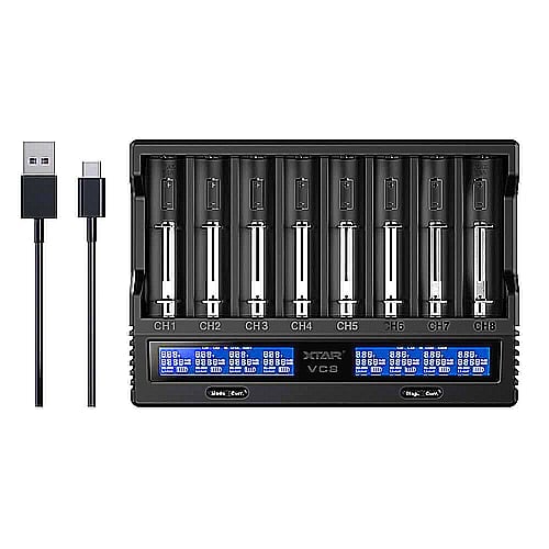 XTAR VC8 8 Bay USB C Fast Universal Charger for Rechargeable Li-ion IMR Ni-MH Ni-Cd AA AAA C 21700 26650 14500 16340 18350 18700 32650 with LCD Display