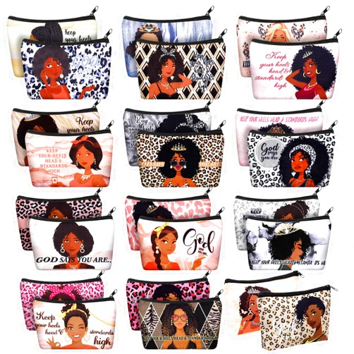 Talltalk 24 Pcs Black African Women Makeup Bag Toiletry Canvas Makeup Bags Zipper Cosmetic Pouch Reusable Multi Purpose Organizer for Mother's Day Inspirational Gifts