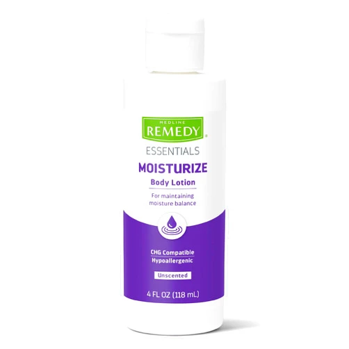 Medline Remedy Essentials Moisturizing Body Lotion (4 oz Bottle), Unscented, Hydrating, Non-Greasy, For Dry Skin, Hypoallergenic, Men, Women, Elderly