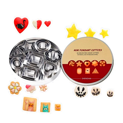 SurgeHai Mini Cookie Cutter Set24 Pieces Metal Fondant Cutters3 Hearts, 3 Stars, 3 Flowers and 15 Geometric Shapes