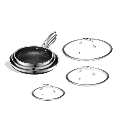 HexClad Hybrid Nonstick 6-Piece Fry Pan Set, 8, 10, and 12-Inch Frying Pans with Tempered Glass Lids, Stay-Cool Handles, Dishwasher-Friendly, Induction-Ready, Compatible with All Cooktops