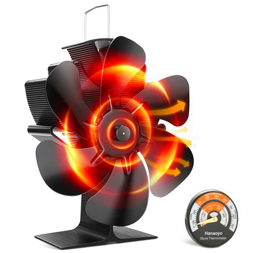 Hanaoyo Wood Stove Fan, 6 Blades Wood Stove Fan Heat Powered, Fireplace Fan with Magnetic Thermometer, Wood Stove Accessories, Non Electric Fan for Wood/Log Burner Stove
